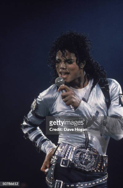 Michael Jackson performs on stage at Wembley Stadium during his BAD concert tour, 15th July 1988.