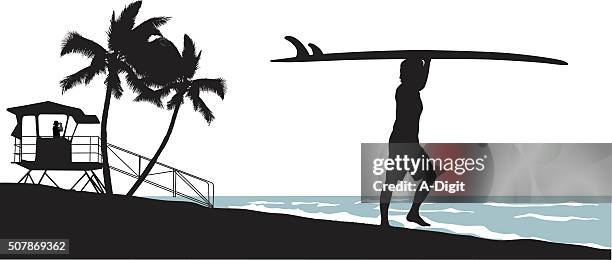 early morning surfing - lifeguard hut stock illustrations