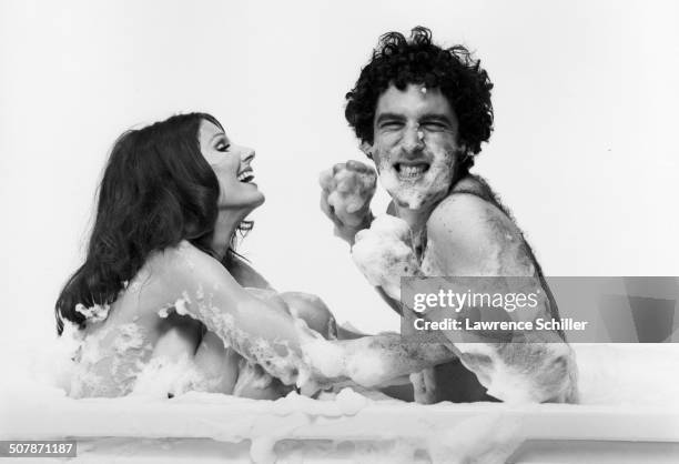 In a promotional portrait for their film 'Move,' American actors Paula Prentiss and Elliott Gould clown about in a bubble bath, Los Angeles,...