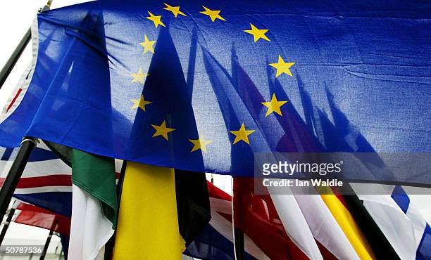 Flags of the European Union countries are gathered together ahead of the EU enlargement ceremony April 30, 2004 in Dublin, Ireland. Ten new nations,...