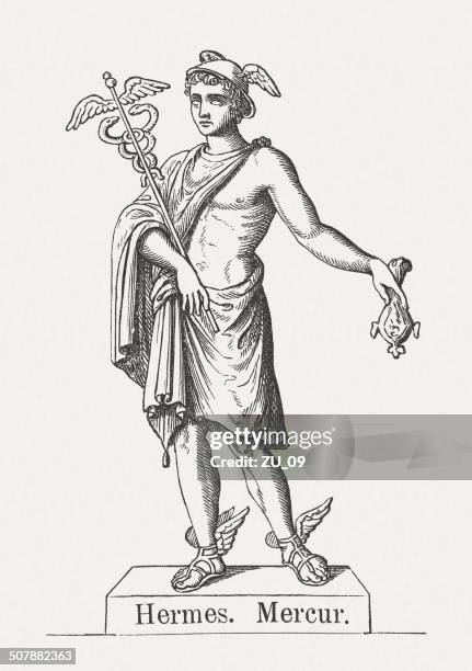 hermes, greek god of transitions, wood engraving, published 1878 - mercury god stock illustrations