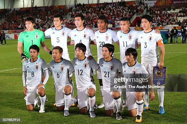 Japanese players line up for the team photos prior to the AFC U-23 Championship final match between South Korea and Japan at the Abdullah Bin Khalifa...
