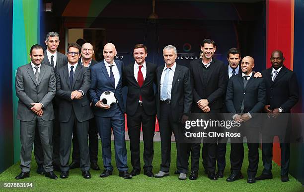 Presidential candidate Gianni Infantino poses with Predrag Mijatovic , Francesco Toldo , Fabio Capello , Silvino Louro , Vladimir Smicer , former...