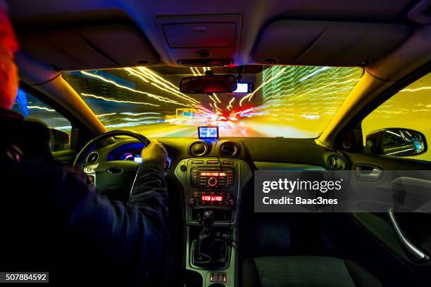 night driving in stavanger city, norway - car dashboard windscreen stock pictures, royalty-free photos & images