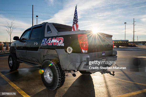 Customized truck sporting a RAND 2016 logo outside a breakfast campaign stop for Republican presidential candidate U.S. Sen. Rand Paul at the HyVee...