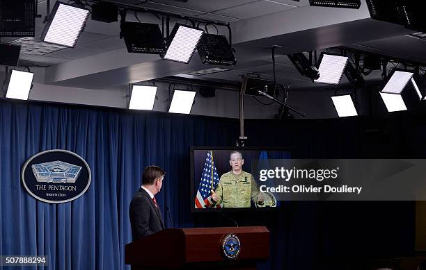Combined Joint Task Force Commander Army Lt. Gen. Sean MacFarland speaks via teleconference from Baghdad, Iraq as Pentagon Press Secretary Peter Cook...