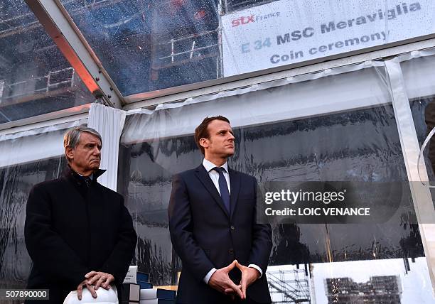 Mediterranean Shipping Company owner Gianluigi Aponte and French Economy minister Emmanuel Macron attend the MSC Meraviglia cruise ship coins...