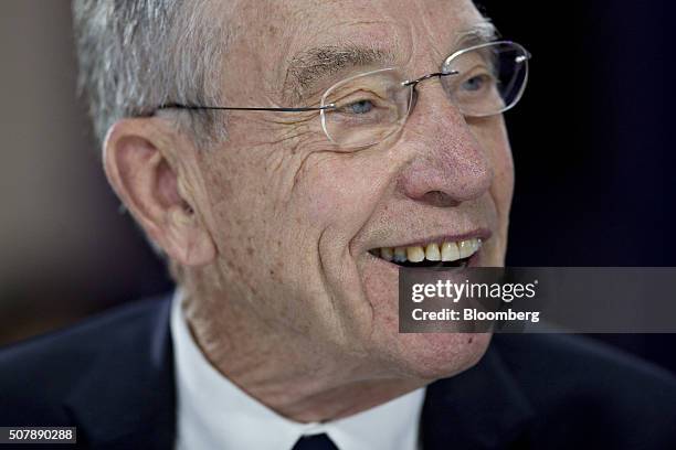 Senator Charles "Chuck" Grassley, a Republican from Iowa, smiles during a Bloomberg Politics interview in Des Moines, Iowa, U.S., on Monday. Feb. 1,...