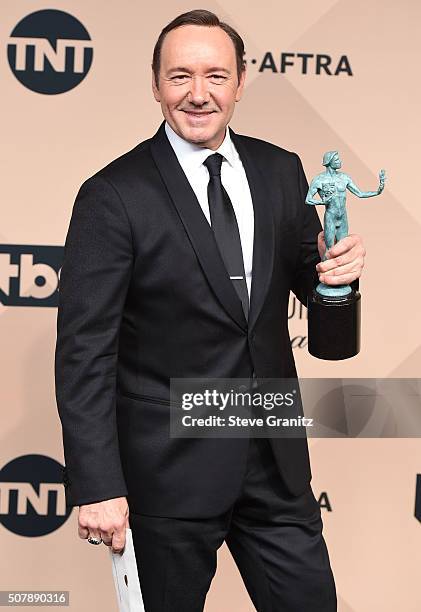 Kevin Spacey poses at the 22nd Annual Screen Actors Guild Awards at The Shrine Auditorium on January 30, 2016 in Los Angeles, California.