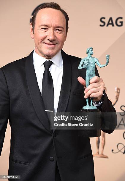 Kevin Spacey poses at the 22nd Annual Screen Actors Guild Awards at The Shrine Auditorium on January 30, 2016 in Los Angeles, California.