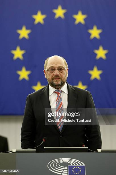 The President of the EU Parliament Martin Schulz arrives in the plenary room in the European Parliament ahead of the debate on the ECB report for...