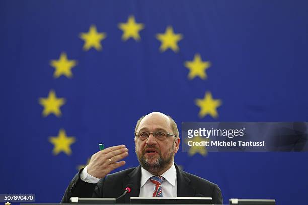 The President of the EU Parliament Martin Schulz arrives in the plenary room in the European Parliament ahead of the debate on the ECB report for...