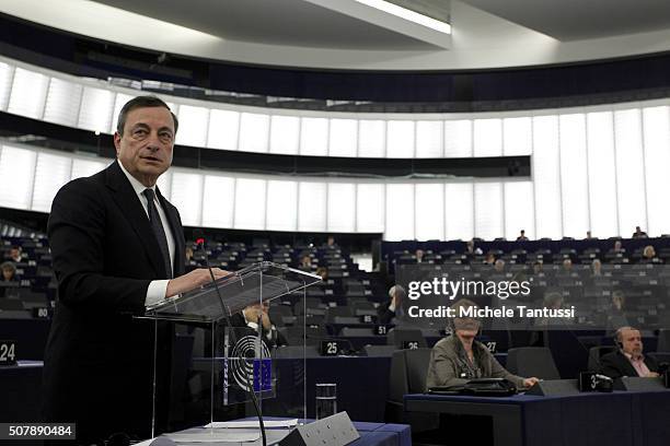The governor of the European central Bank, or ECB Mario Draghi speaks to the plenary room in the European Parliament ahead of the debate on the ECB...