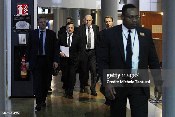 The governor of the European central Bank, or ECB Mario Draghi arrives in the plenary room in the European Parliament ahead of the debate on the ECB...