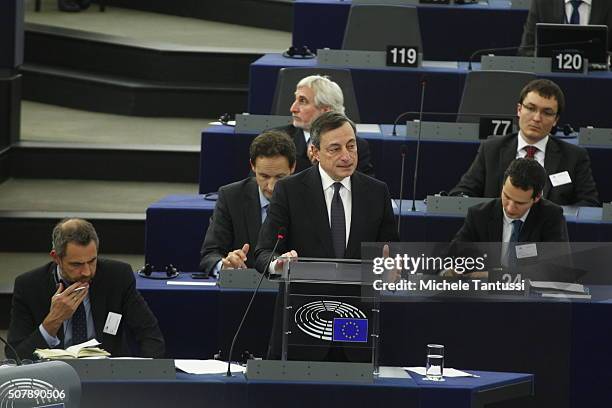 The governor of the European central Bank, or ECB Mario Draghi speaks to the plenary room in the European Parliament ahead of the debate on the ECB...