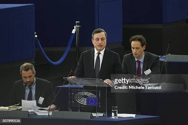 The governor of the European central Bank, or ECB Mario Draghi speaks to the plenary room in the European Parliament ahead of the debate on the ECB...