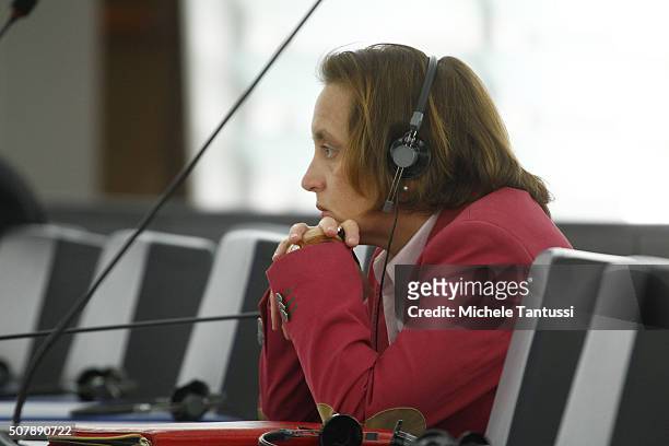 The member of the German right wing party AFD Beatrix von Storch listens in the plenary room in the European Parliament ahead of the debate on the...