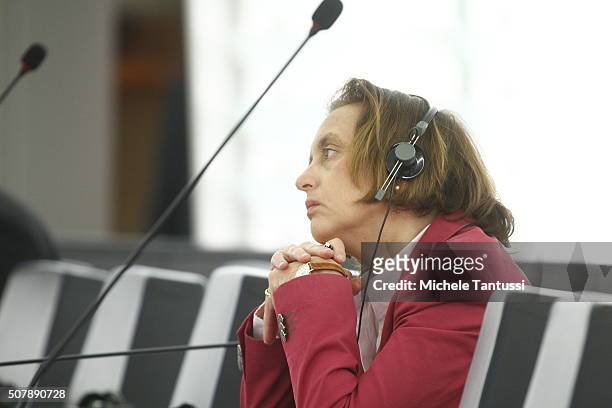 The member of the German right wing party AFD Beatrix von Storch listens in the plenary room in the European Parliament ahead of the debate on the...