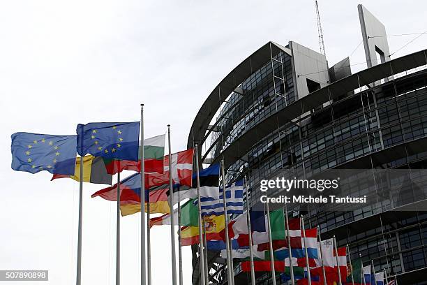 The flags of the European States wave outside the European Parliament ahead of the debate on the ECB report for 2014 on February 1, 2016 in...