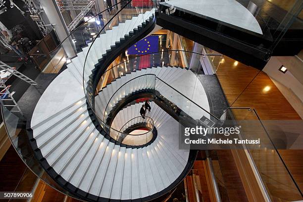 Visitors walk the stairs in the European Parliament ahead of the debate on the ECB report for 2014 on February 1, 2016 in Strasbourg, France. During...