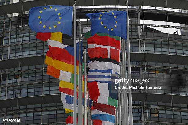 The flags of the European States wave outside the European Parliament ahead of the debate on the ECB report for 2014 on February 1, 2016 in...