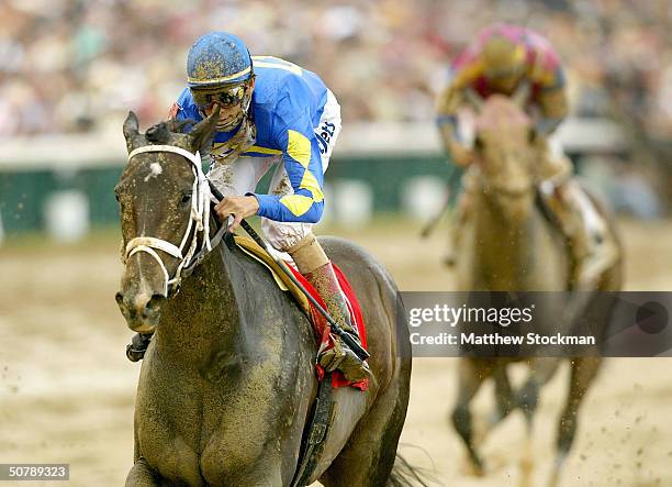 Ashado, riden by John Velazquez, crosses the finish line to win the 130th Kentucky Oaks April 30, 2004 at Churchill Downs in Louisville, Kentucky.