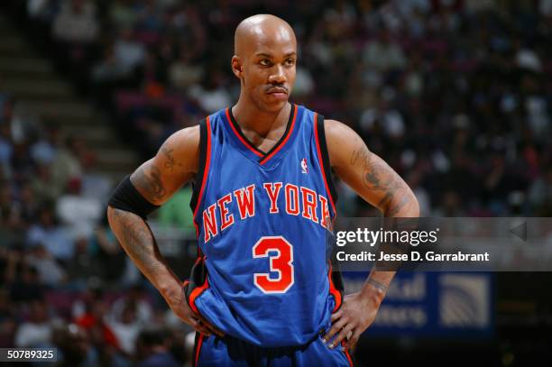 Stephon Marbury of the New York Knicks rests in Game two of the Eastern Conference Quarterfinals during the 2004 NBA Playoffs against the New Jersey...