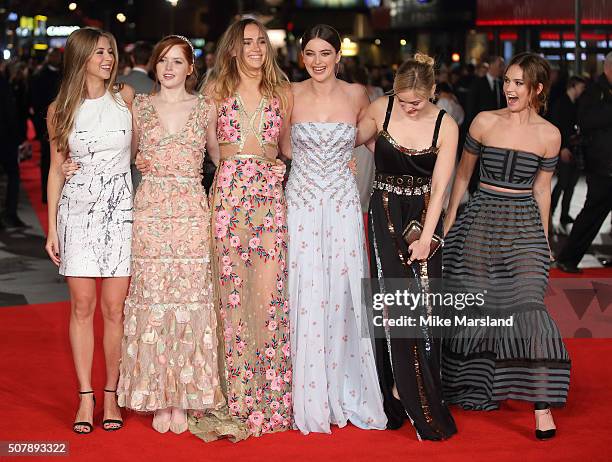 Lily James, Millie Brady, Suki Waterhouse, Ellie Bamber and Bella Heathcote attend the red carpet for the European premiere for "Pride And Prejudice...