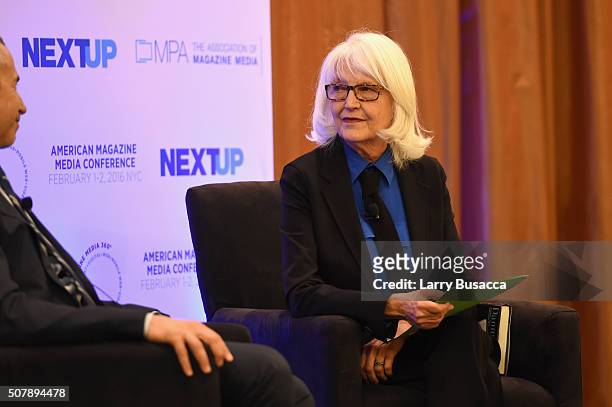 Restaurateur Daniel Meyer speaks onstage with Editorial Director of Hearst Magazines Ellen Levine at the American Magazine Media Conference at Grand...