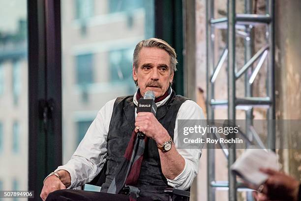 Oscar-winning actor Jeremy Irons discusses his portrayal of Avery Brundage in the film "Race" during AOL Build at AOL Studios In New York on February...