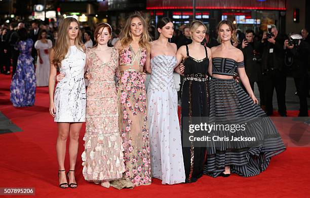 Hermione Corfield, Ellie Bamber, Suki Waterhouse, Millie Brady, Bella Heathcote and Lily James attend the European premiere of "Pride And Prejudice...