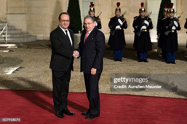 French President Francois Hollande receives Cuban President Raul Castro at Elysee Palace on February 1, 2016 in Paris, France. During the visit of...