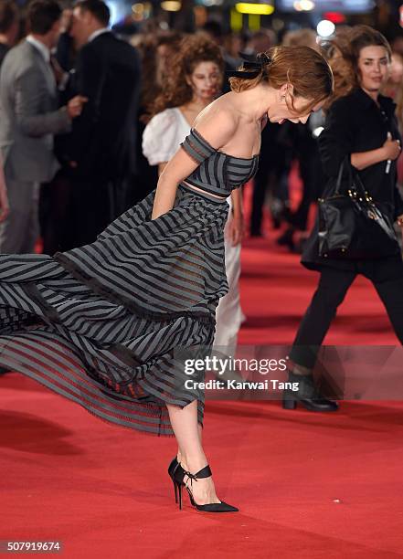 Lily James attends the European premiere of "Pride And Prejudice And Zombies" at the Vue West End on February 1, 2016 in London, England.