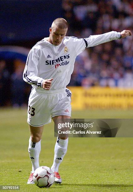 David Beckham of Real Madrid in action during the Spanish Primera Liga match between Deportivo de La Coruna and Real Madrid at the Riazor Stadilum on...