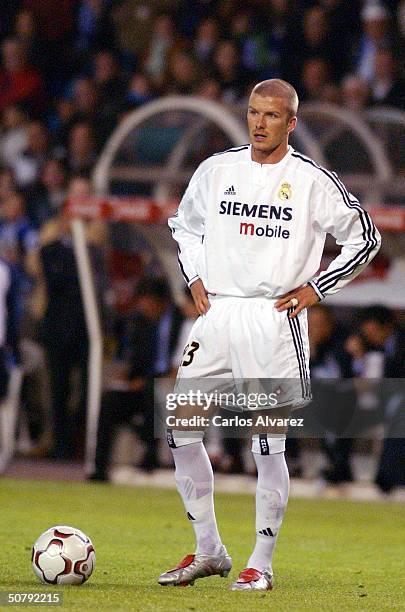 David Beckham of Real Madrid in action during the Spanish Primera Liga match between Deportivo de La Coruna and Real Madrid at the Riazor Stadilum on...