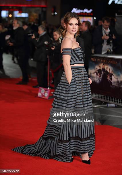 Lily James attends the red carpet for the European premiere for "Pride And Prejudice And Zombies" on at Vue West End on February 1, 2016 in London,...
