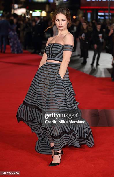 Lily James attends the red carpet for the European premiere for "Pride And Prejudice And Zombies" on at Vue West End on February 1, 2016 in London,...