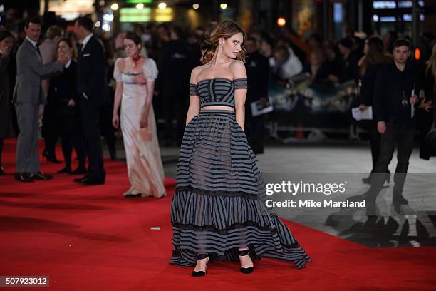 Lily James attends the red carpet for the European premiere for "Pride And Prejudice And Zombies" on at Vue West End on February 1, 2016 in London,...