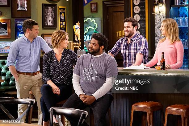 New Year's Resolution Walks Into A Bar" Episode 310A -- Pictured: Brent Morin as Justin, Bianca Kajlich as Leslie, Ron Funches as Shelly, David Fynn...