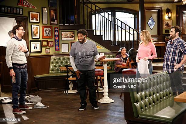 New Year's Resolution Walks Into A Bar" Episode 310A -- Pictured: Rick Glassman as Burski, Ron Funches as Shelly, Bridgit Mendler as Candace, David...