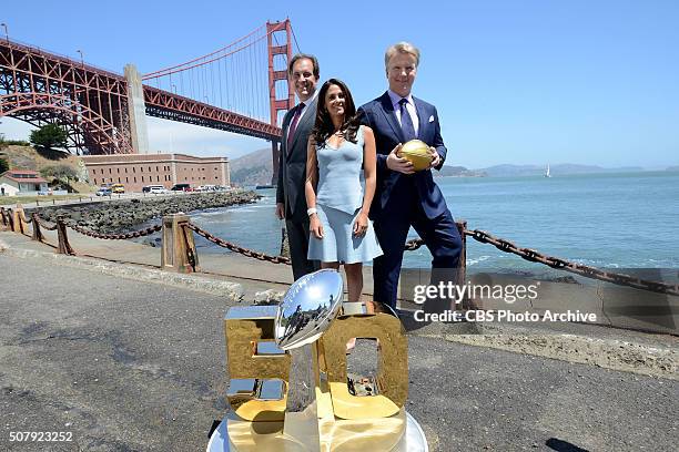 On CBS PICTURED left: Jim Nantz lead play-by-play announcer, Tracy Wolfson lead reporter and Phil Simms lead analyst. NFL Super Bowl 50 CBS Promotin...