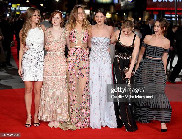 Hermione Corfield, Ellie Bamber, Suki Waterhouse, Millie Brady, Bella Heathcote and Lily James attend attends the red carpet for the European...