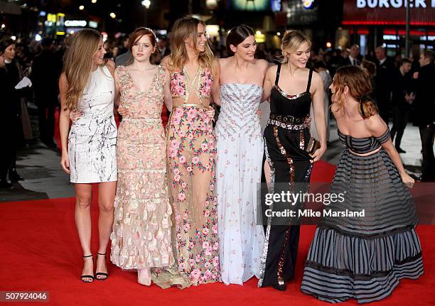 Hermione Corfield, Ellie Bamber, Suki Waterhouse, Millie Brady, Bella Heathcote and Lily James attend attends the red carpet for the European...