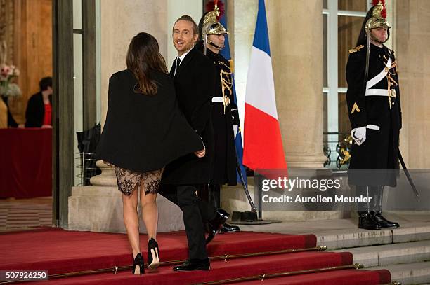 French DJ David Guetta and girlfriend Jessica Ledon arrive at Elysee Palace as French President Francois Hollande receives the Cuban President Raul...