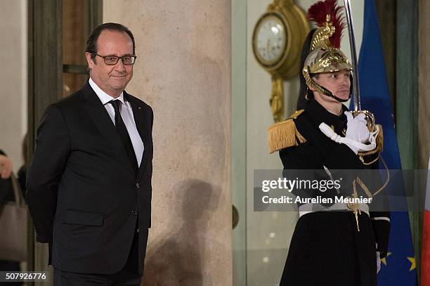 French President Francois Hollande walkes out Cuban President Raul Castro after the press conference and before the State Diner in his honor at...