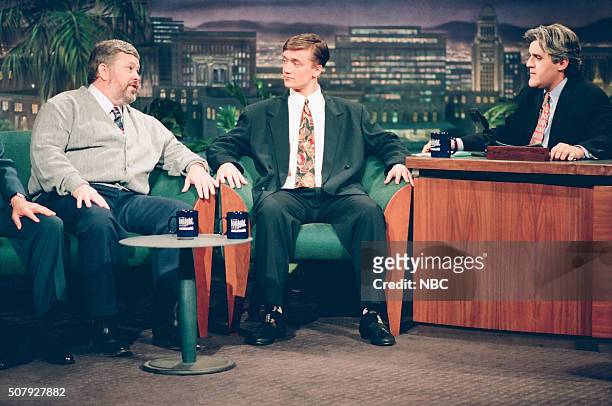 Episode 392 -- Pictured: Coach Tim Nolan and athlete Jason Holt during an interview with host Jay Leno on February 3, 1994 --