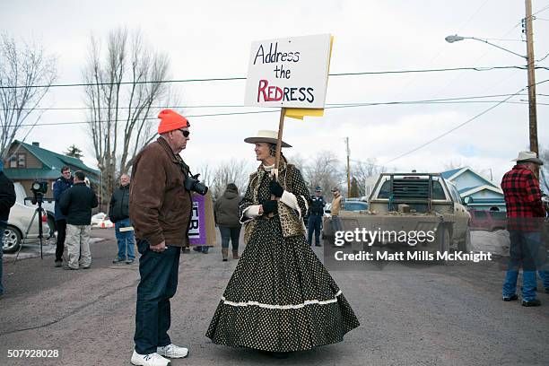 Donna Hammond, an anti-government protester from Kirk County stands outside the Harney County Courthouse on February 1, 2016 in Burns, Oregon....