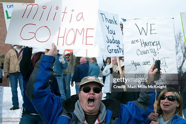 Law enforcement supporters chant outside the Harney County Courthouse on February 1, 2016 in Burns, Oregon. Approximately 300 people gathered in...