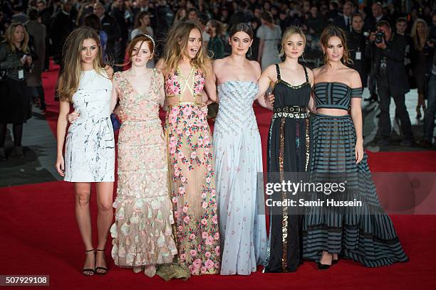 Hermione Corfield, Ellie Bamber, Suki Waterhouse, Millie Brady Bella Heathcote and Lily James attends the red carpet for the European premiere for...