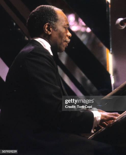 Musician Hank Jones performing at the Monterey Jazz Festival in Monterey, California in 1977.